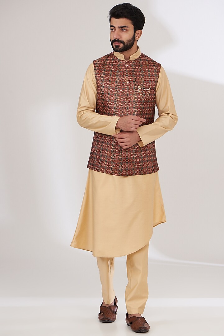 Multi-Colored Brocade Nehru Jacket Set by Laromani
