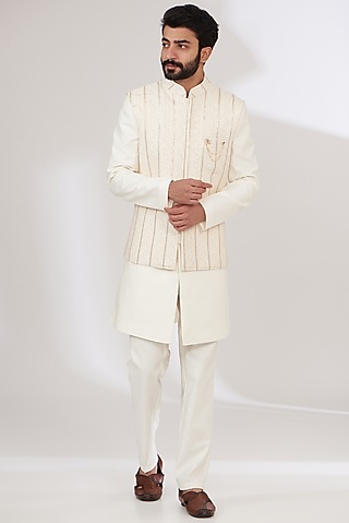White Russian Silk Embroidered Nehru Jacket Set by Laromani