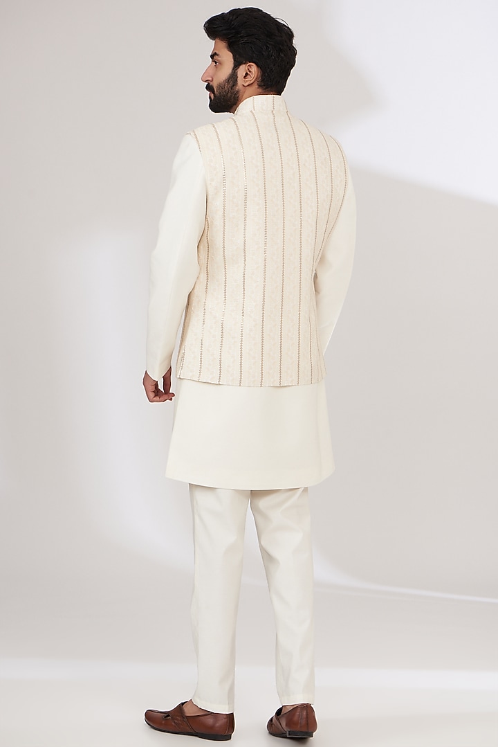 White Russian Silk Embroidered Nehru Jacket Set by Laromani at Pernia's Pop Up Shop