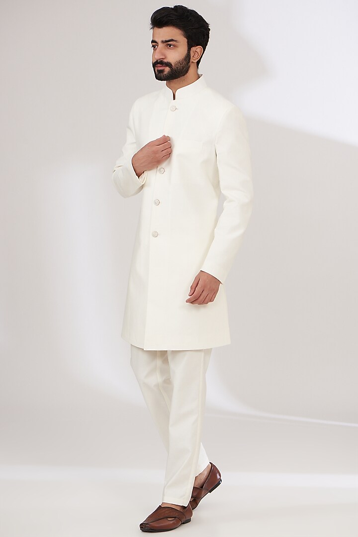 White Russian Silk Embroidered Nehru Jacket Set by Laromani at Pernia's Pop Up Shop