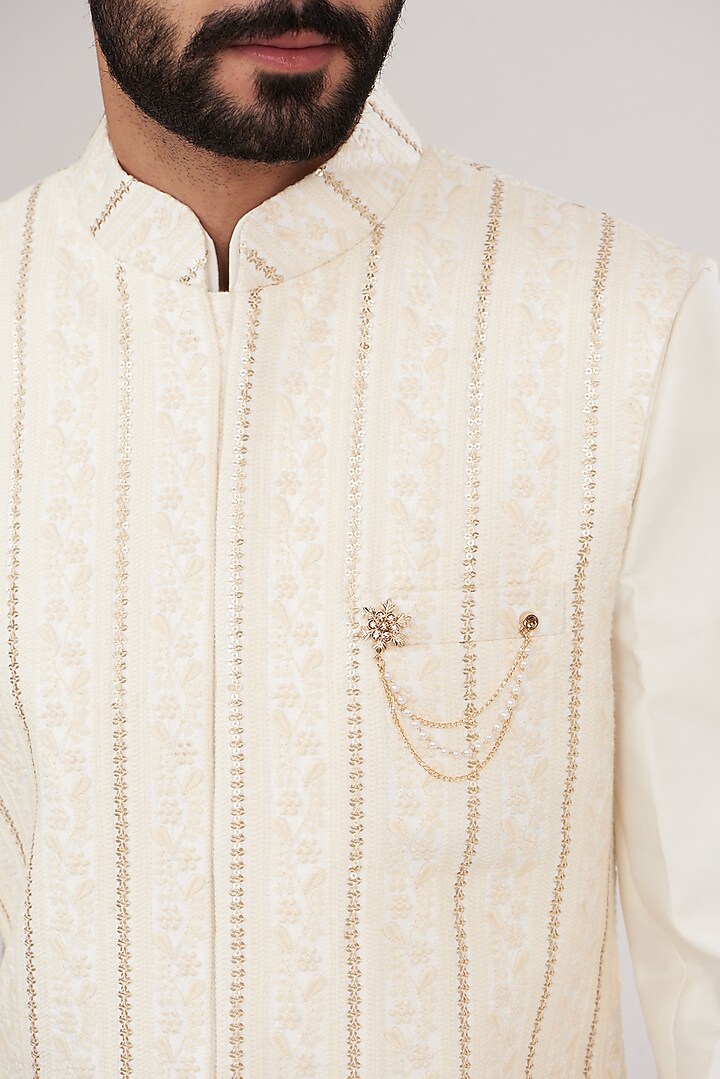 White Russian Silk Embroidered Nehru Jacket Set by Laromani at Pernia's Pop Up Shop