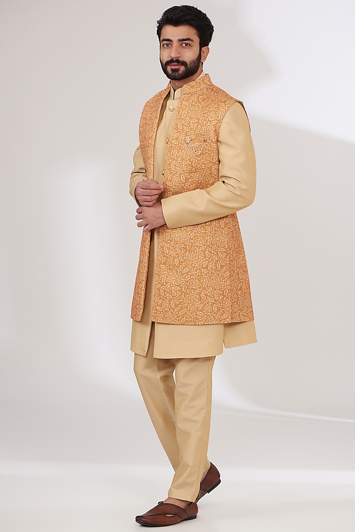 Mustard Brocade Indowestern Set by Laromani