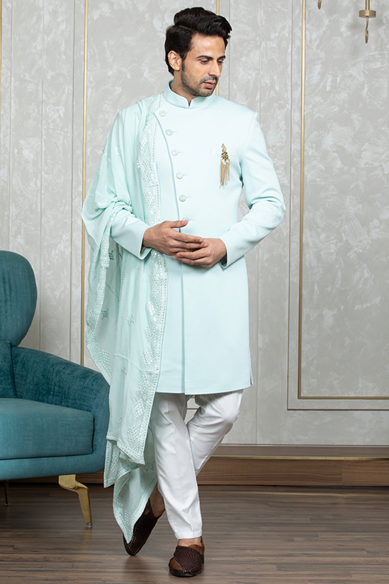 Aqua Blue Indonesian Fabric Sherwani Set Design by Laromani at