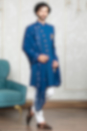 Royal Blue Indonesian Fabric Sherwani Set by Laromani