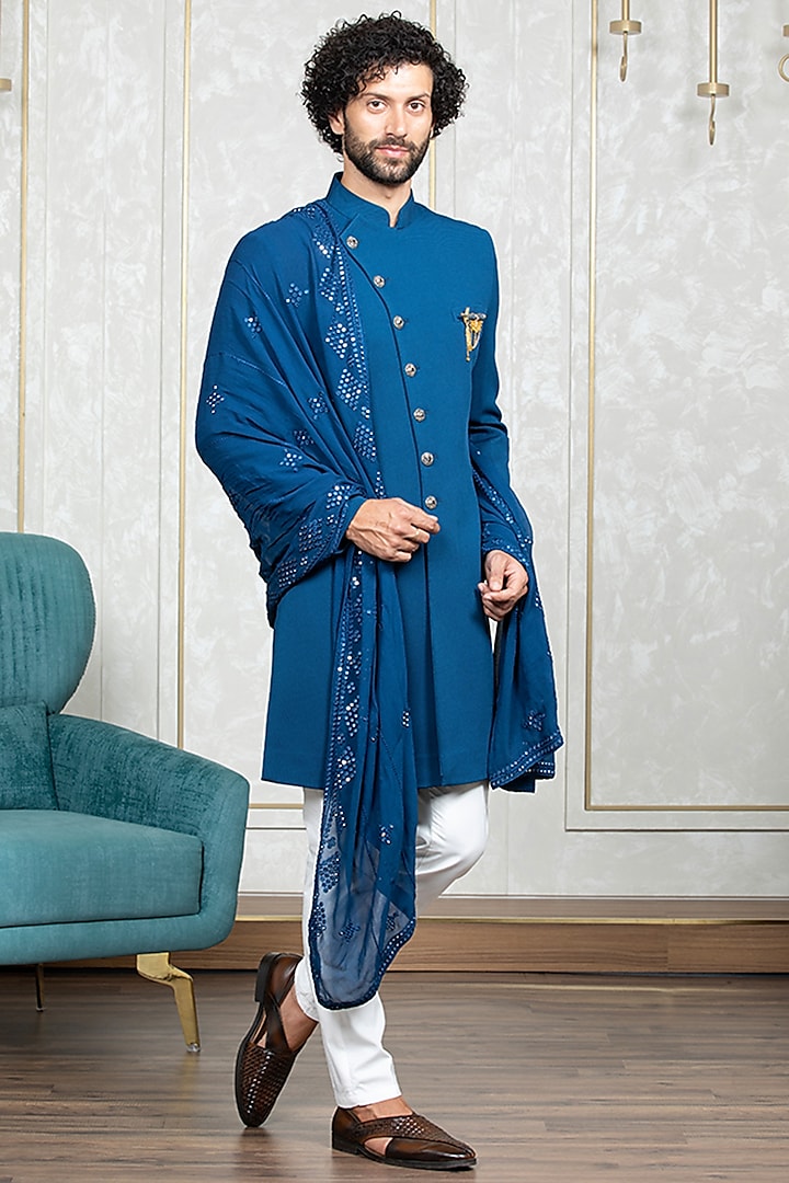 Royal Blue Indonesian Fabric Sherwani Set by Laromani