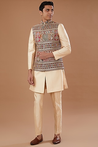Maroon Faux Georgette Thread Embroidered Nehru Jacket Set by Laromani