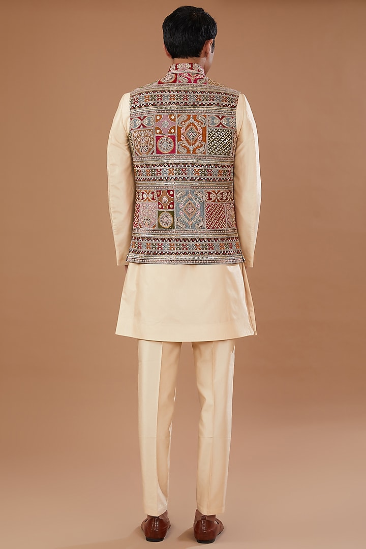 Maroon Faux Georgette Thread Embroidered Nehru Jacket Set by Laromani at Pernia's Pop Up Shop