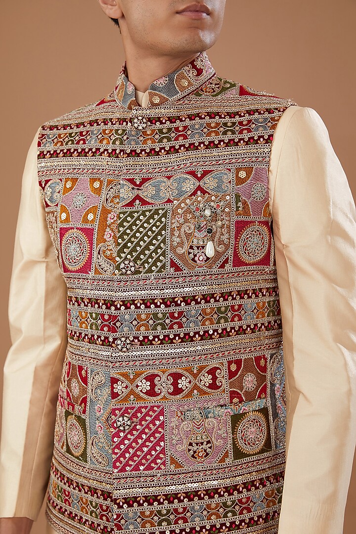 Maroon Faux Georgette Thread Embroidered Nehru Jacket Set by Laromani at Pernia's Pop Up Shop