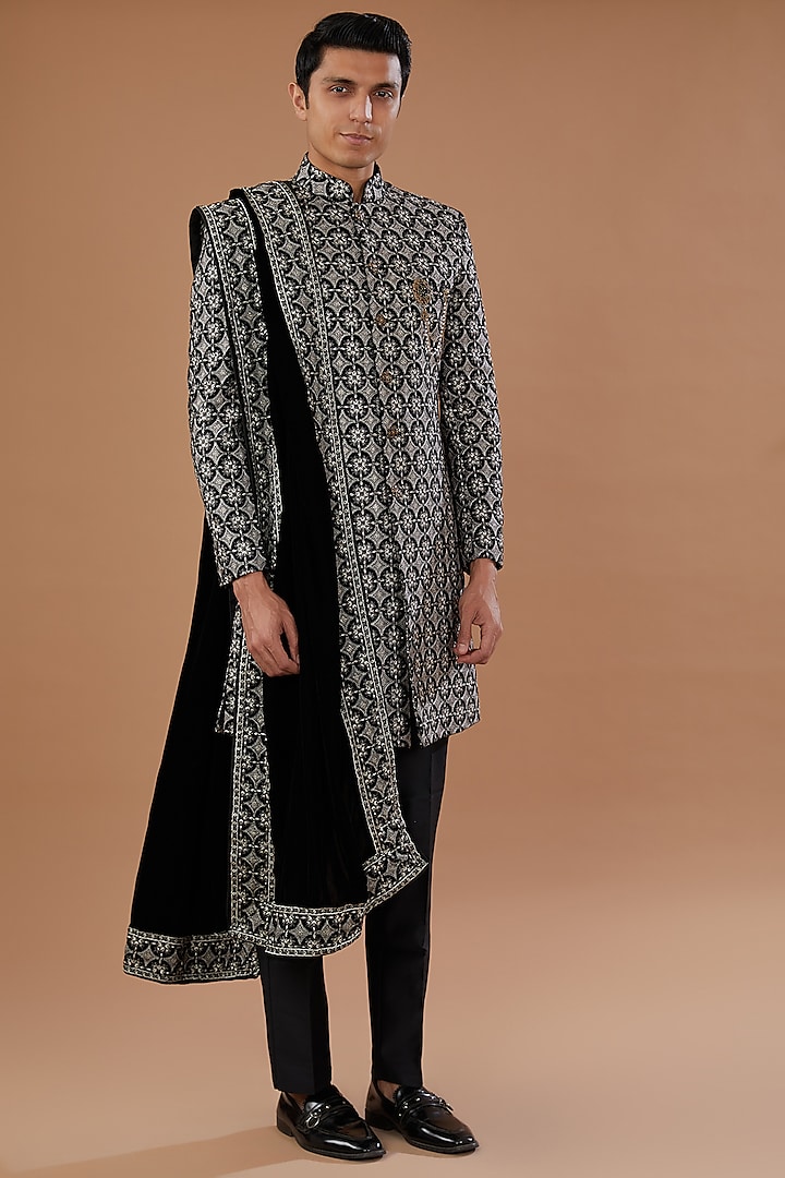 Black Velvet Thread Embroidered Sherwani Set by Laromani