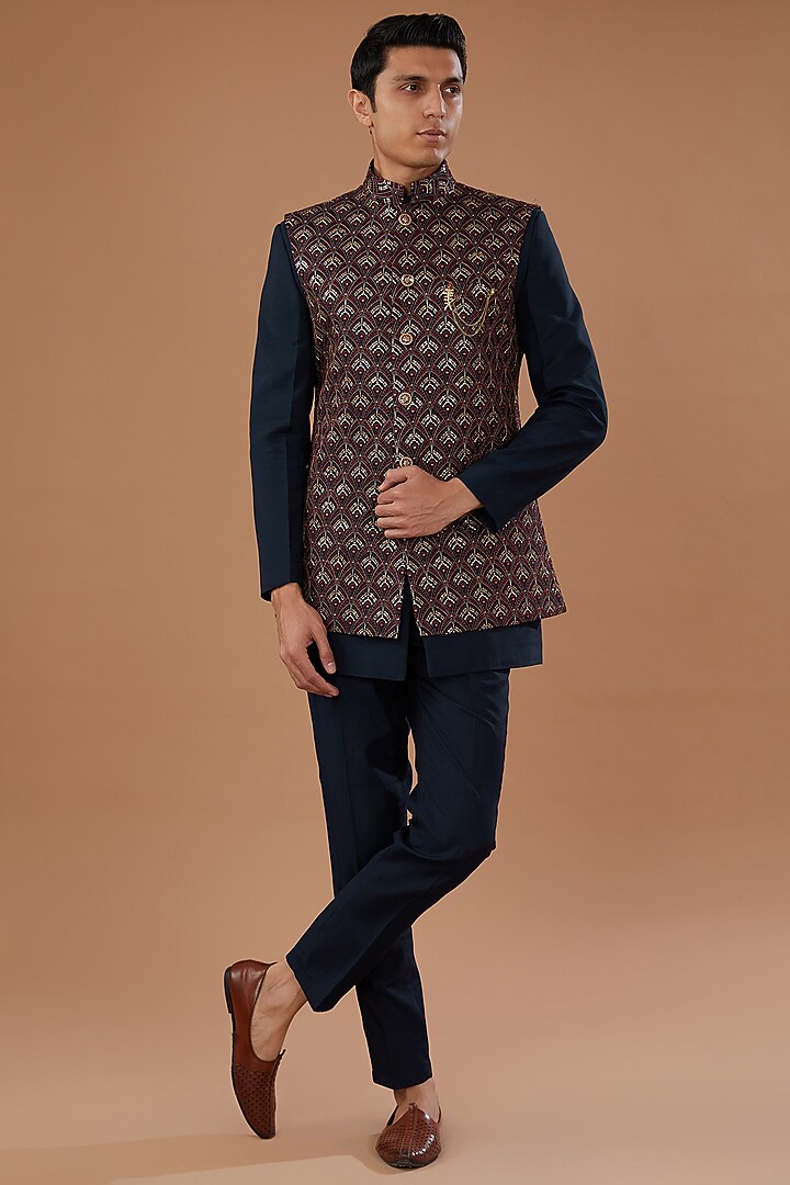 Wine Faux Georgette Badla Embroidered Nehru Jacket Set by Laromani at Pernia's Pop Up Shop