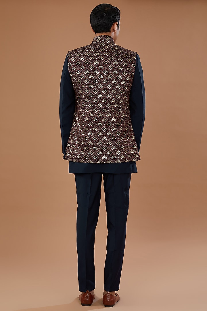 Wine Faux Georgette Badla Embroidered Nehru Jacket Set by Laromani at Pernia's Pop Up Shop
