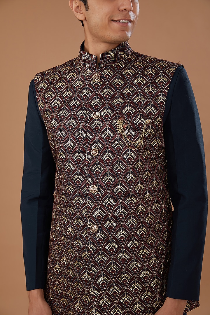 Wine Faux Georgette Badla Embroidered Nehru Jacket Set by Laromani at Pernia's Pop Up Shop