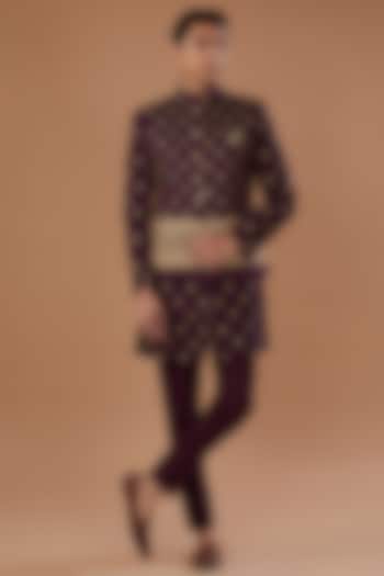 Wine Vichitra Silk Sequins Embroidered Nehru Jacket Set by Laromani at Pernia's Pop Up Shop