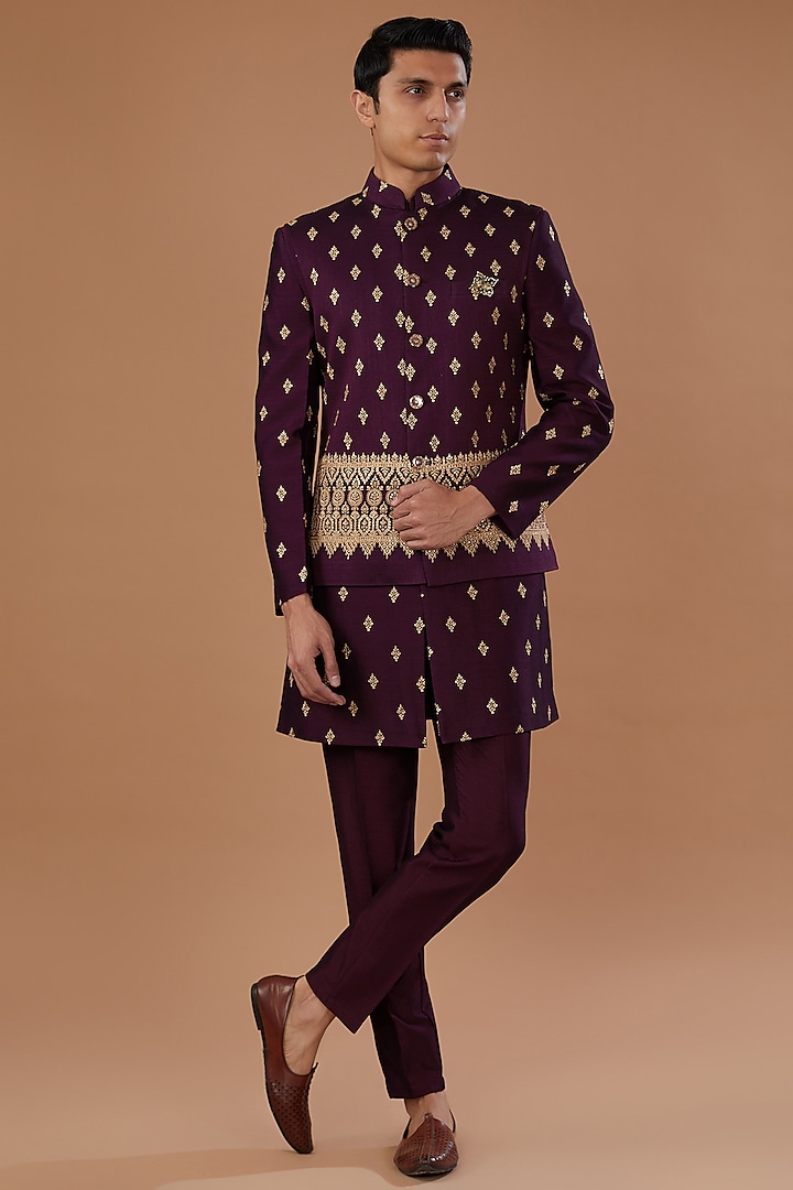 Wine Vichitra Silk Sequins Embroidered Nehru Jacket Set by Laromani at Pernia's Pop Up Shop