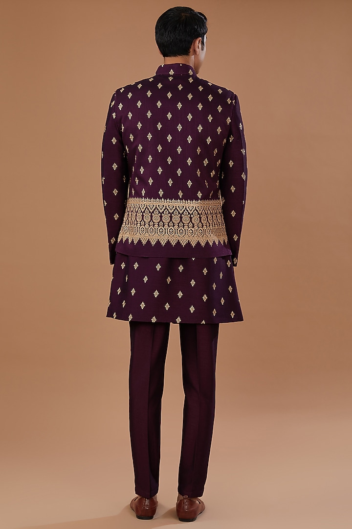 Wine Vichitra Silk Sequins Embroidered Nehru Jacket Set by Laromani at Pernia's Pop Up Shop