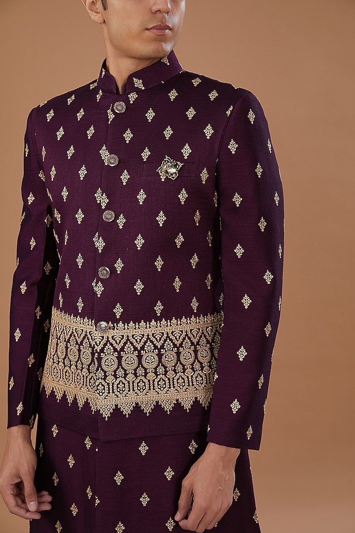 Wine Vichitra Silk Sequins Embroidered Nehru Jacket Set by Laromani at Pernia's Pop Up Shop