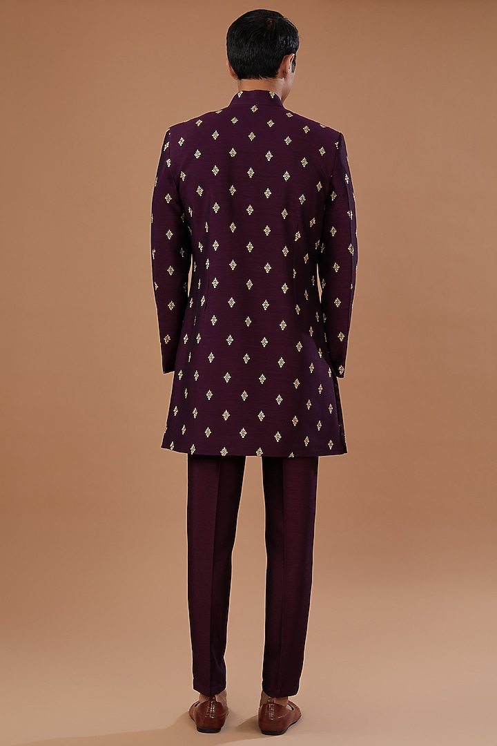 Wine Vichitra Silk Sequins Embroidered Nehru Jacket Set by Laromani at Pernia's Pop Up Shop