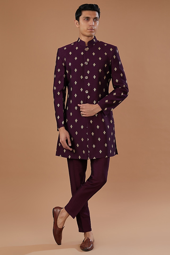 Wine Vichitra Silk Sequins Embroidered Nehru Jacket Set by Laromani at Pernia's Pop Up Shop
