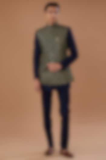 Green Faux Georgette Badla Embroidered Nehru Jacket Set by Laromani at Pernia's Pop Up Shop