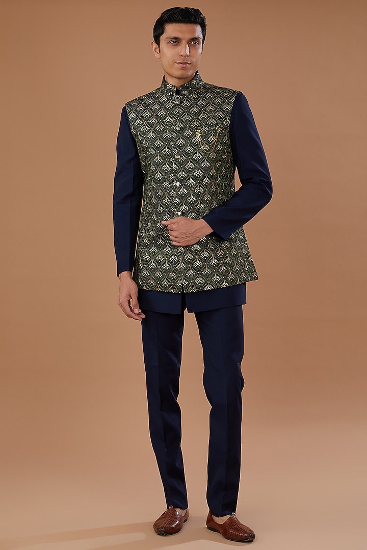 Green Faux Georgette Badla Embroidered Nehru Jacket Set by Laromani at Pernia's Pop Up Shop