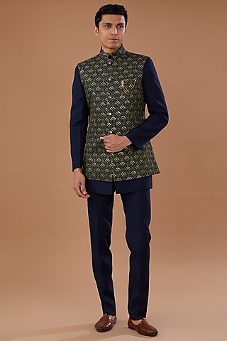 Green Faux Georgette Badla Embroidered Nehru Jacket Set by Laromani