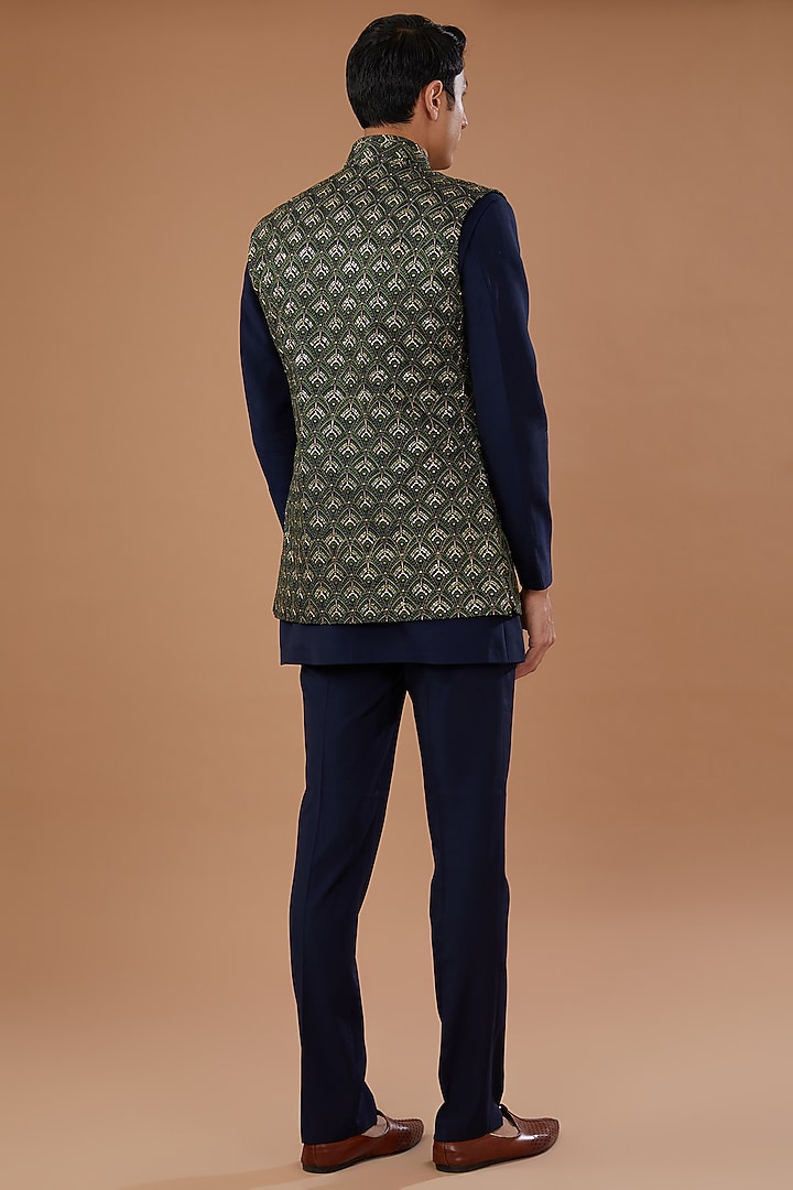 Green Faux Georgette Badla Embroidered Nehru Jacket Set by Laromani at Pernia's Pop Up Shop