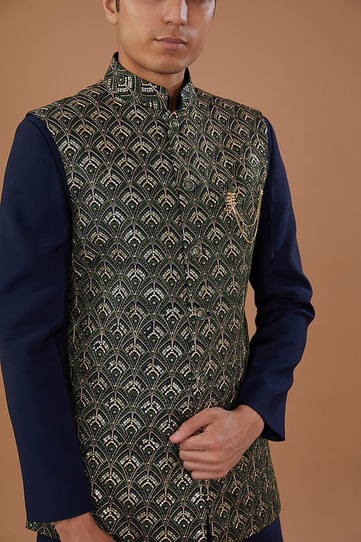 Green Faux Georgette Badla Embroidered Nehru Jacket Set by Laromani at Pernia's Pop Up Shop
