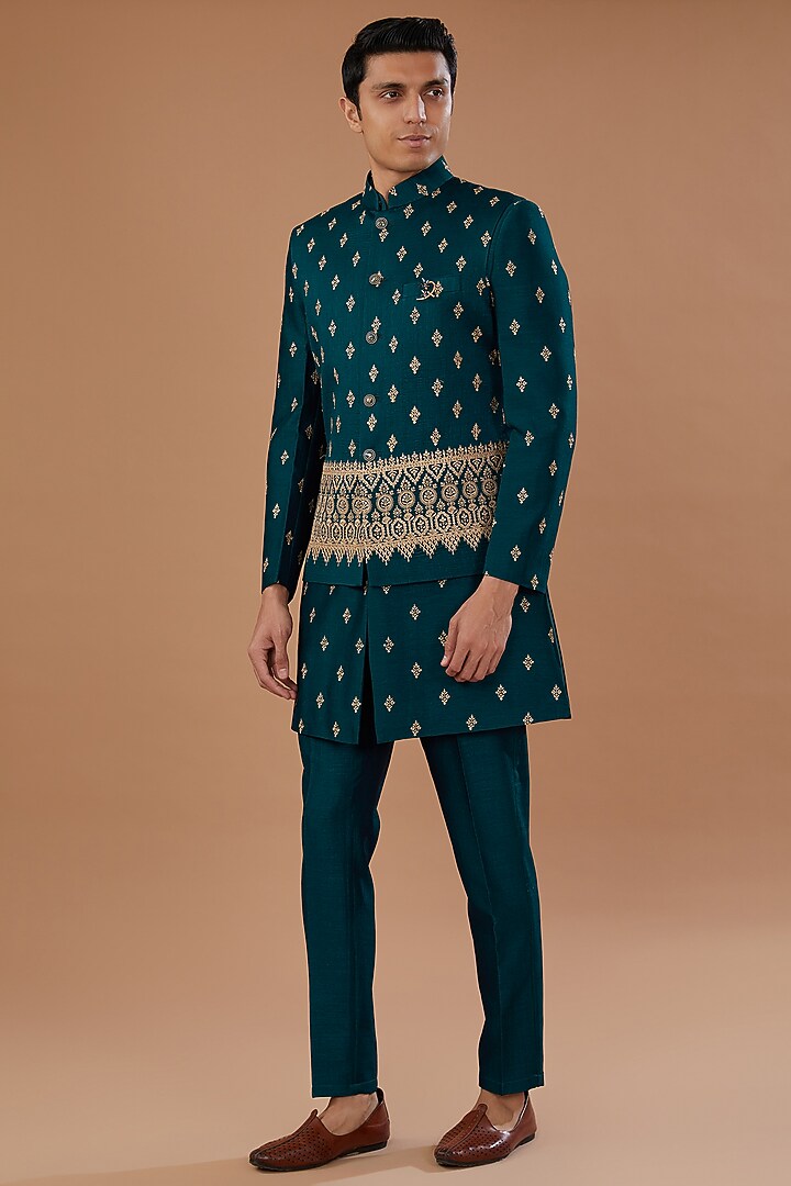 Blue Vichitra Silk Sequins Embroidered Nehru Jacket Set by Laromani at Pernia's Pop Up Shop