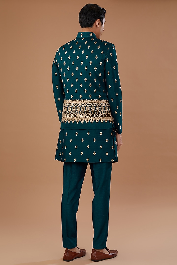 Blue Vichitra Silk Sequins Embroidered Nehru Jacket Set by Laromani at Pernia's Pop Up Shop