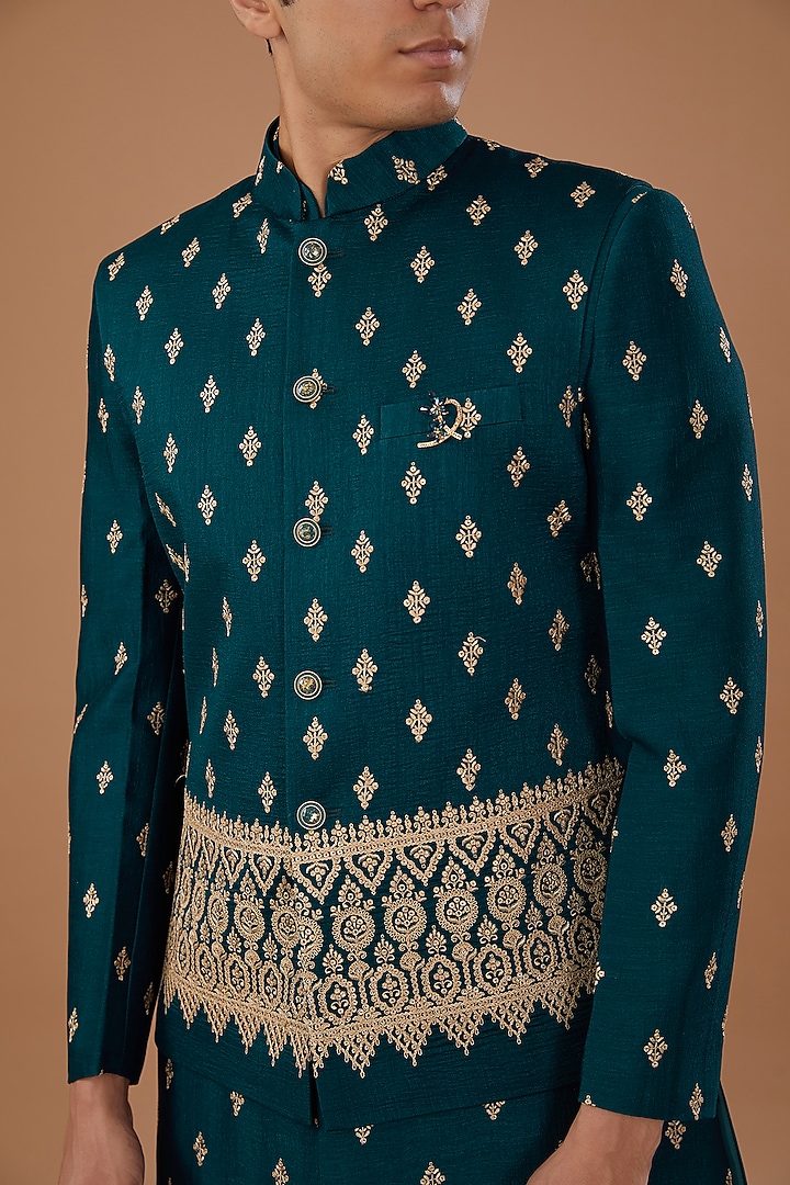 Blue Vichitra Silk Sequins Embroidered Nehru Jacket Set by Laromani at Pernia's Pop Up Shop