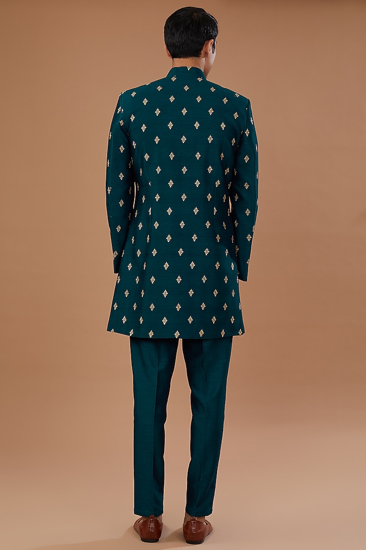 Blue Vichitra Silk Sequins Embroidered Nehru Jacket Set by Laromani at Pernia's Pop Up Shop