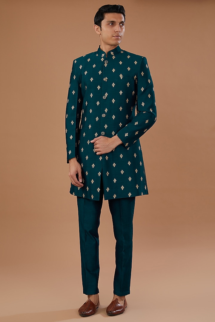 Blue Vichitra Silk Sequins Embroidered Nehru Jacket Set by Laromani at Pernia's Pop Up Shop