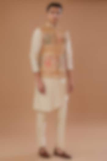 Haldi Yellow Faux Georgette Thread Embroidered Nehru Jacket Set by Laromani at Pernia's Pop Up Shop