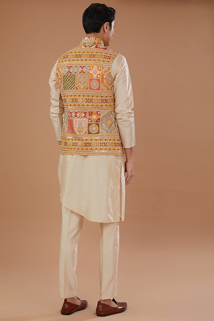 Haldi Yellow Faux Georgette Thread Embroidered Nehru Jacket Set by Laromani at Pernia's Pop Up Shop