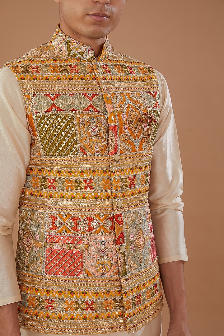 Haldi Yellow Faux Georgette Thread Embroidered Nehru Jacket Set by Laromani at Pernia's Pop Up Shop