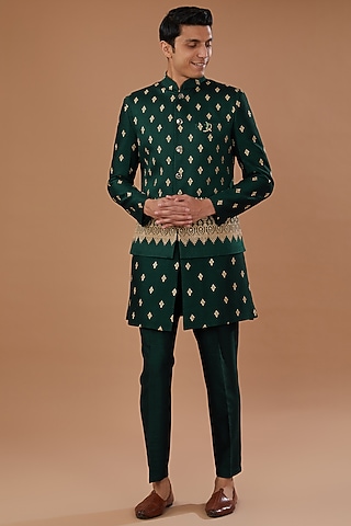 Green Vichitra Silk Sequins Embroidered Nehru Jacket Set by Laromani