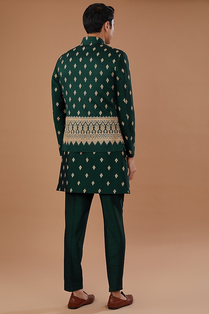 Green Vichitra Silk Sequins Embroidered Nehru Jacket Set by Laromani at Pernia's Pop Up Shop