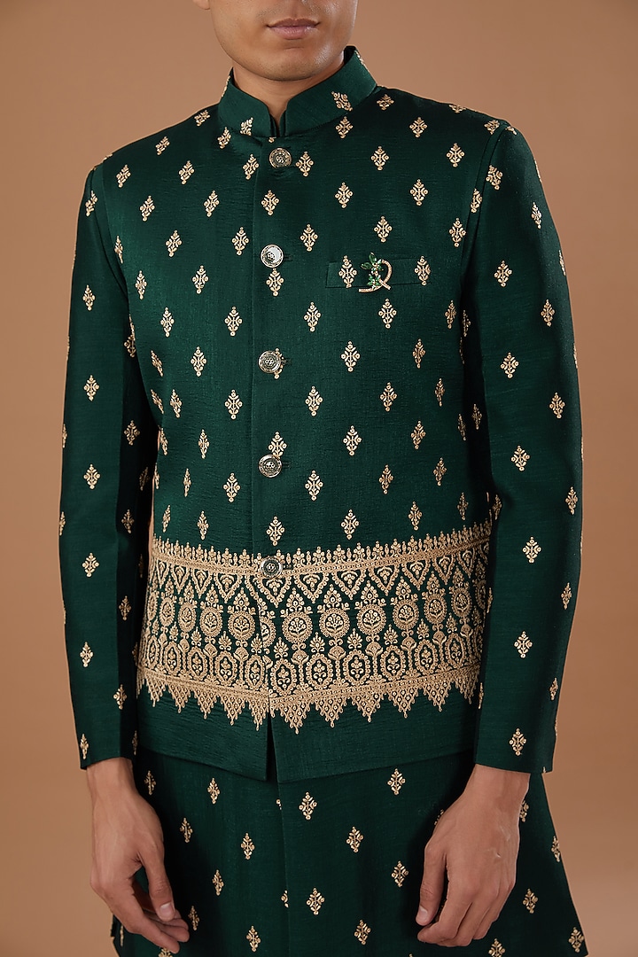 Green Vichitra Silk Sequins Embroidered Nehru Jacket Set by Laromani at Pernia's Pop Up Shop