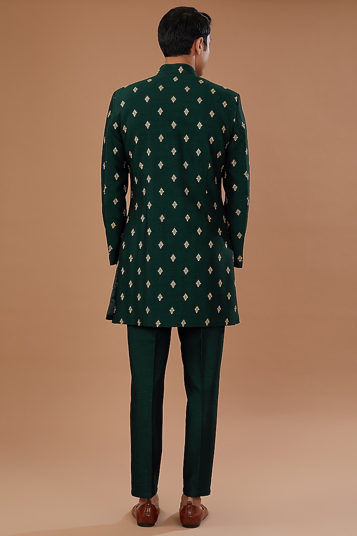 Green Vichitra Silk Sequins Embroidered Nehru Jacket Set by Laromani at Pernia's Pop Up Shop