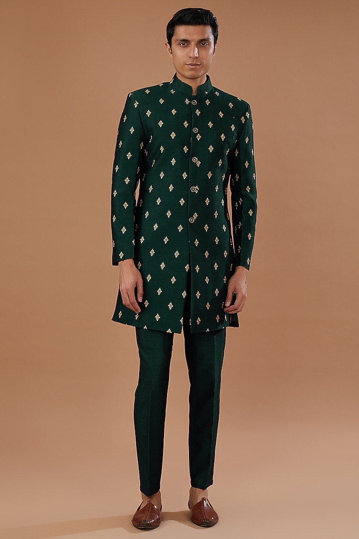Green Vichitra Silk Sequins Embroidered Nehru Jacket Set by Laromani at Pernia's Pop Up Shop
