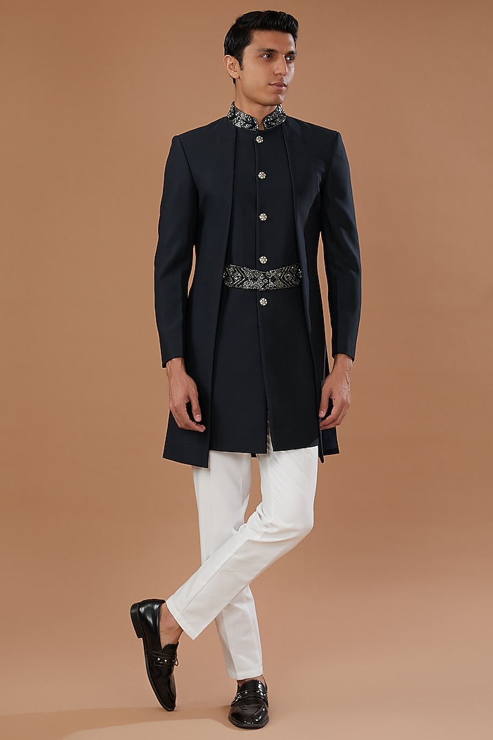 Navy Blue Terry Rayon Dobby Sherwani Set by Laromani at Pernia's Pop Up Shop