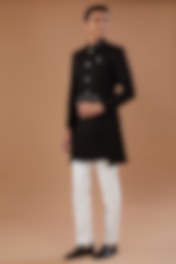 Black Terry Rayon Dobby Cutdana Embroidered Indowestern Set by Laromani at Pernia's Pop Up Shop