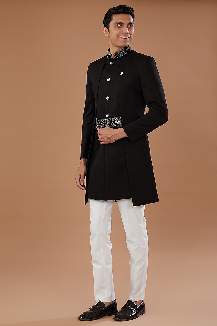 Black Terry Rayon Dobby Cutdana Embroidered Indowestern Set by Laromani at Pernia's Pop Up Shop