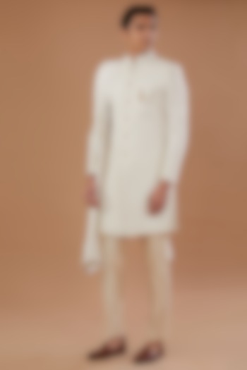 Cream Velvet Thread Embroidered Sherwani Set by Laromani at Pernia's Pop Up Shop