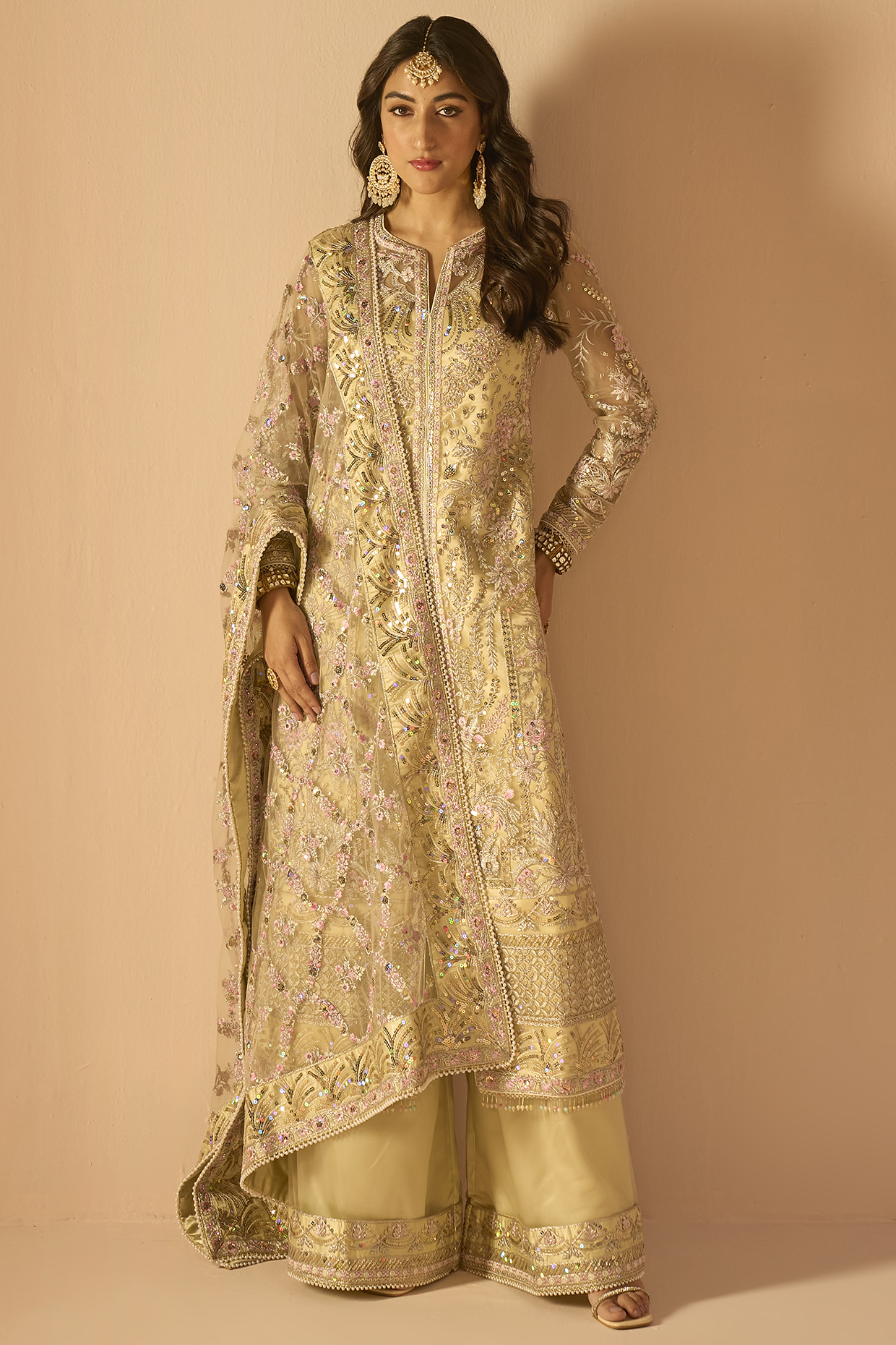 Light Yellow Net Sequins Embroidered Kurta Set by Lashkaraa at Pernia's Pop Up Shop