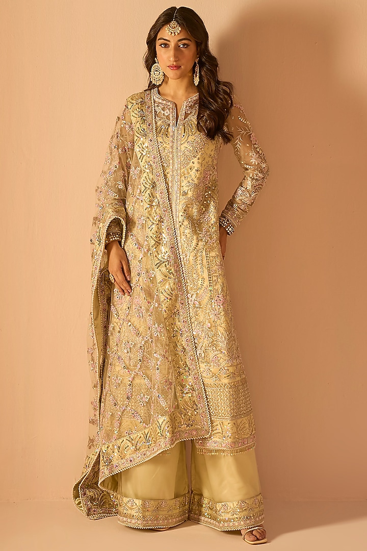 Light Yellow Net Sequins Embroidered Kurta Set by Lashkaraa at Pernia's Pop Up Shop