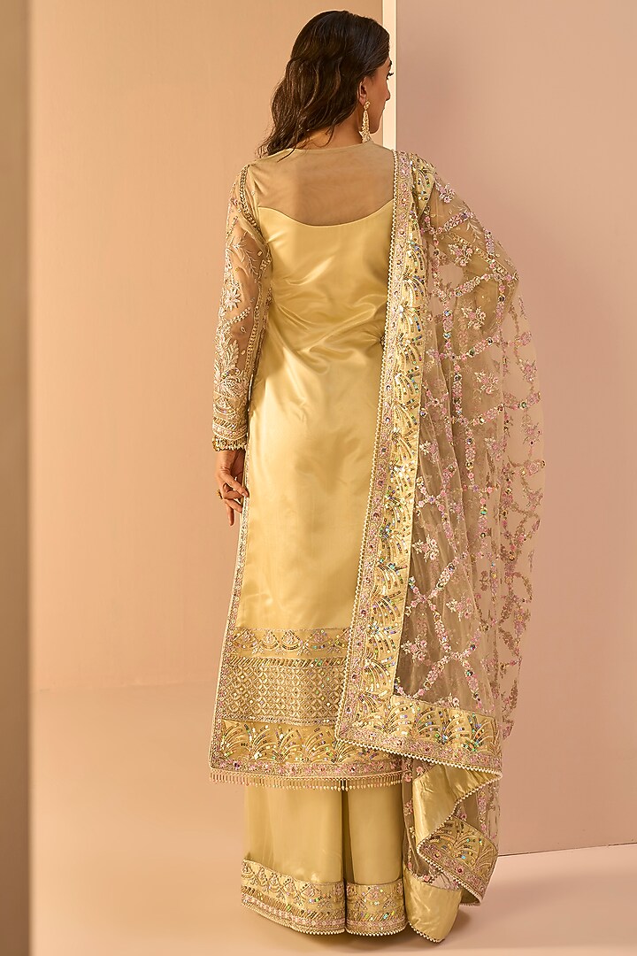 Light Yellow Net Sequins Embroidered Kurta Set by Lashkaraa at Pernia's Pop Up Shop