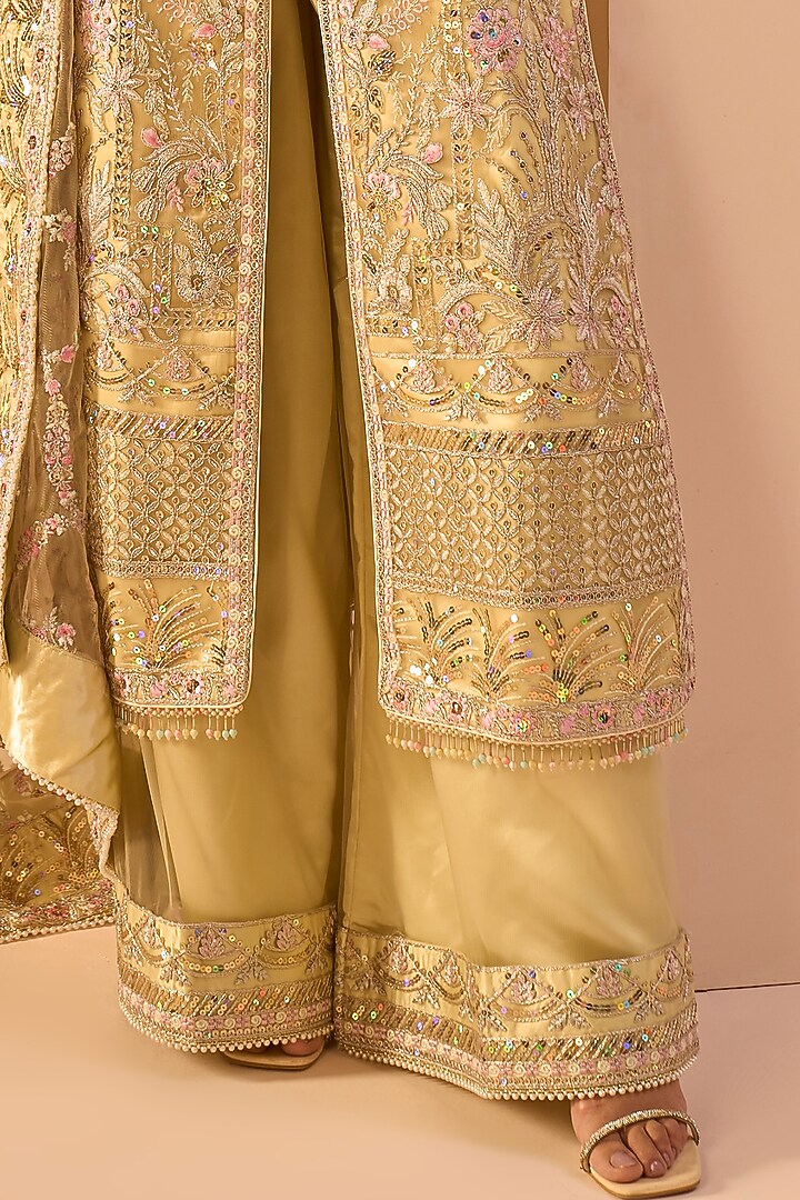Light Yellow Net Sequins Embroidered Kurta Set by Lashkaraa at Pernia's Pop Up Shop