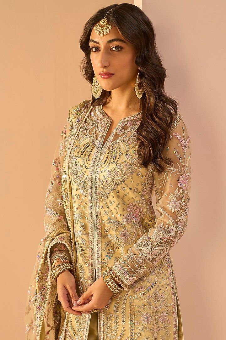 Light Yellow Net Sequins Embroidered Kurta Set by Lashkaraa at Pernia's Pop Up Shop