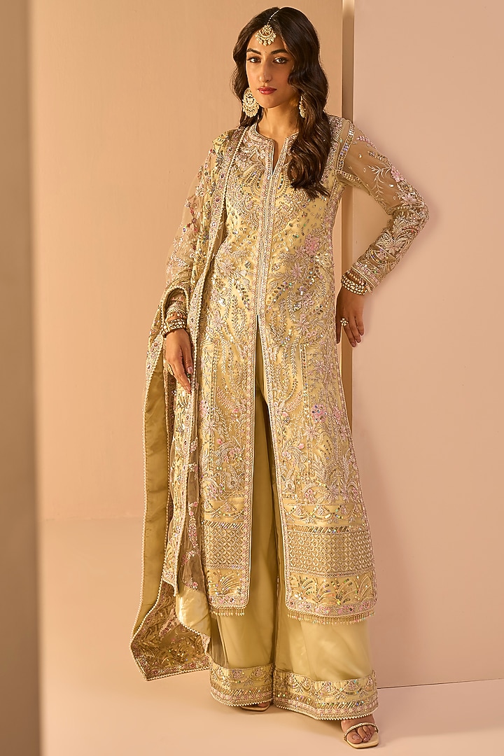 Light Yellow Net Sequins Embroidered Kurta Set by Lashkaraa at Pernia's Pop Up Shop